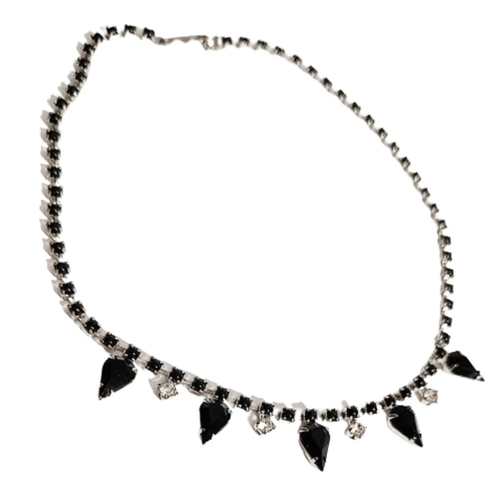 1960s True Vintage Short Necklace Choker With Black And Clear Rhinestones